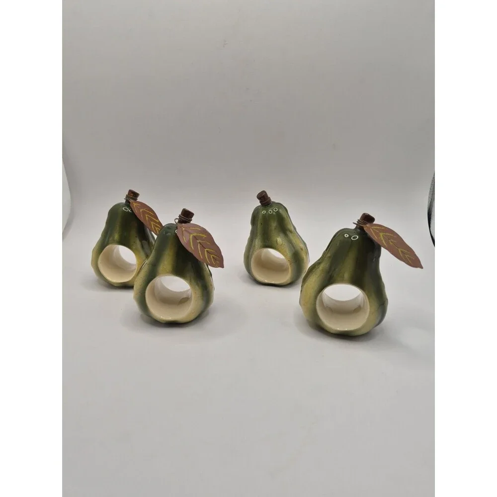 Set Of 4 Vtg Russ Pear Shaped Napkin Rings Holders Hand-painted Ceramic Fruit